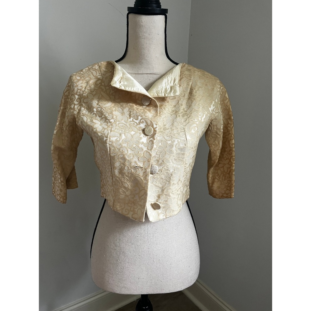 Vintage Gold Floral Brocade Cropped Jacket XS Back Bows Pinup Mid Century Modern